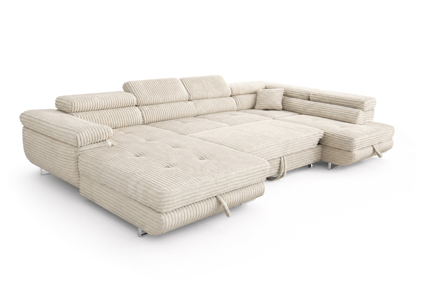 Wohnlandschaft Cordo U XXL U-Form Sofa mit Schlaffunktion & 2 Bettkästen – Breitcord Tilia Creme– Ottomane Rechts