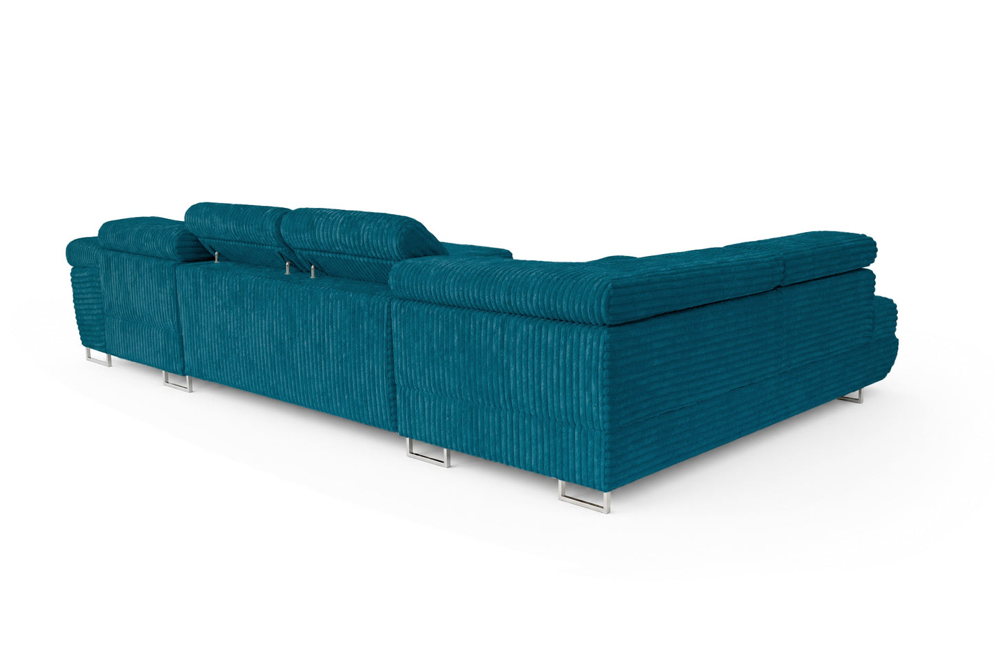 Wohnlandschaft Cordo U XXL U-Form Sofa mit Schlaffunktion & 2 Bettkästen – Breitcord Tilia Türkis– Ottomane Links