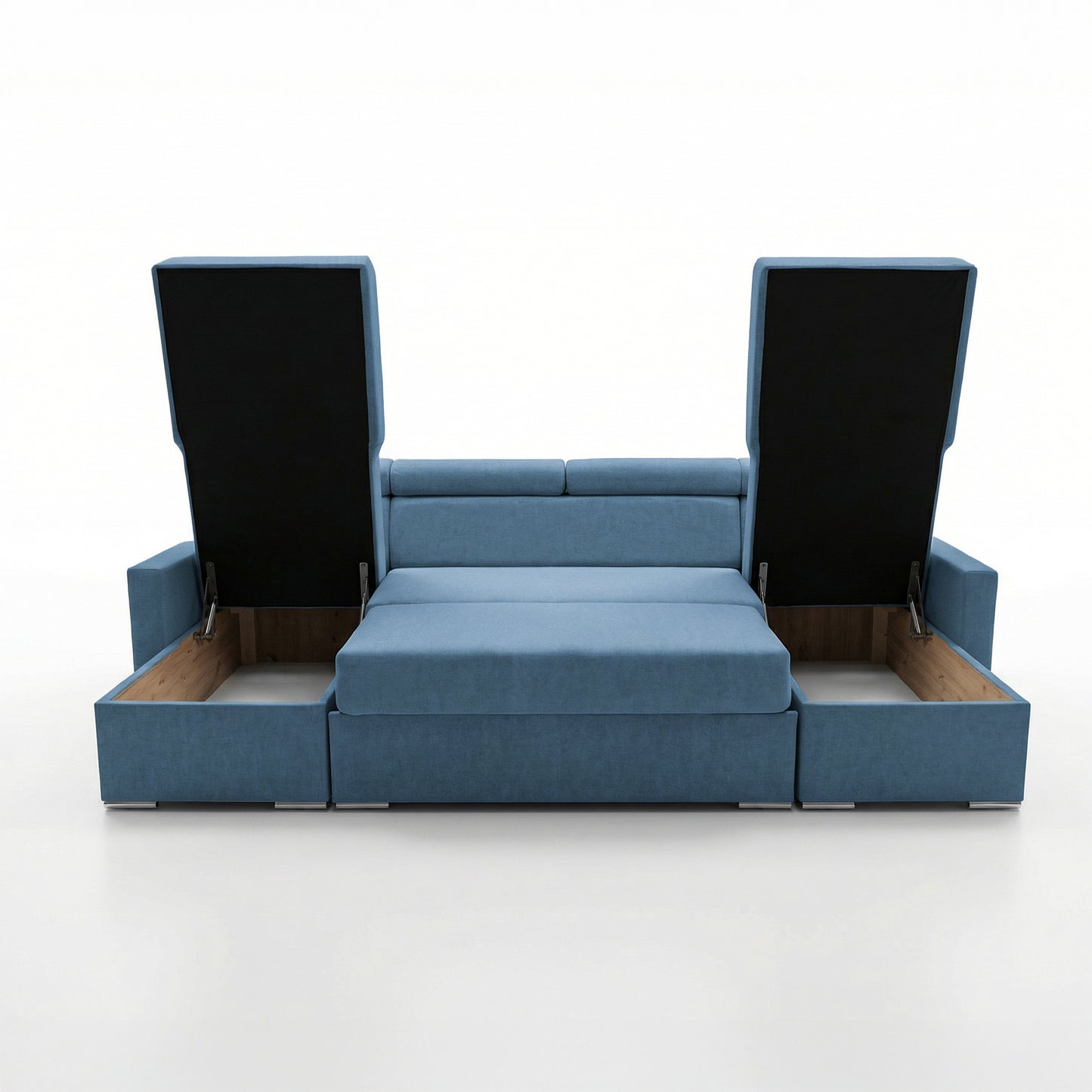 Vega U Ecksofa nach Maß | Breite anpassbar | Schlaffunktion 2 Bettkästen U-Form verstellbare Kopfstützen Samtstoff Best 305x151 cm (Blau)