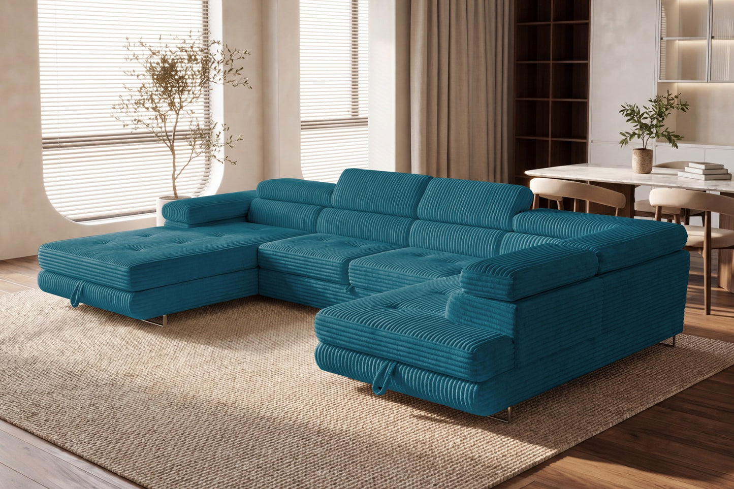 Wohnlandschaft Cordo U XXL U-Form Sofa mit Schlaffunktion & 2 Bettkästen – Breitcord Tilia Türkis– Ottomane Rechts
