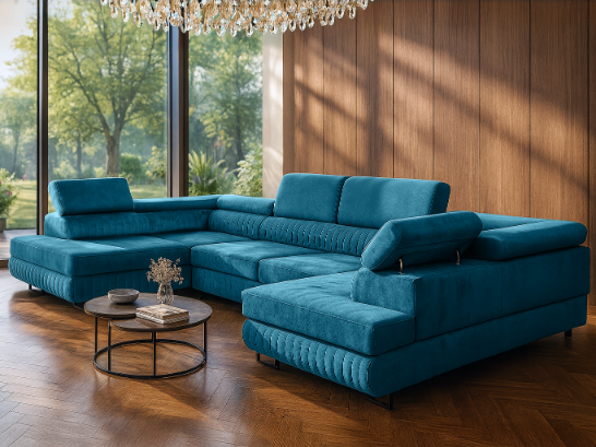 Große U-Form Schlafsofa mit Bettkasten & Agmamito Element Bezug, Türkis Magnum U Sofiland