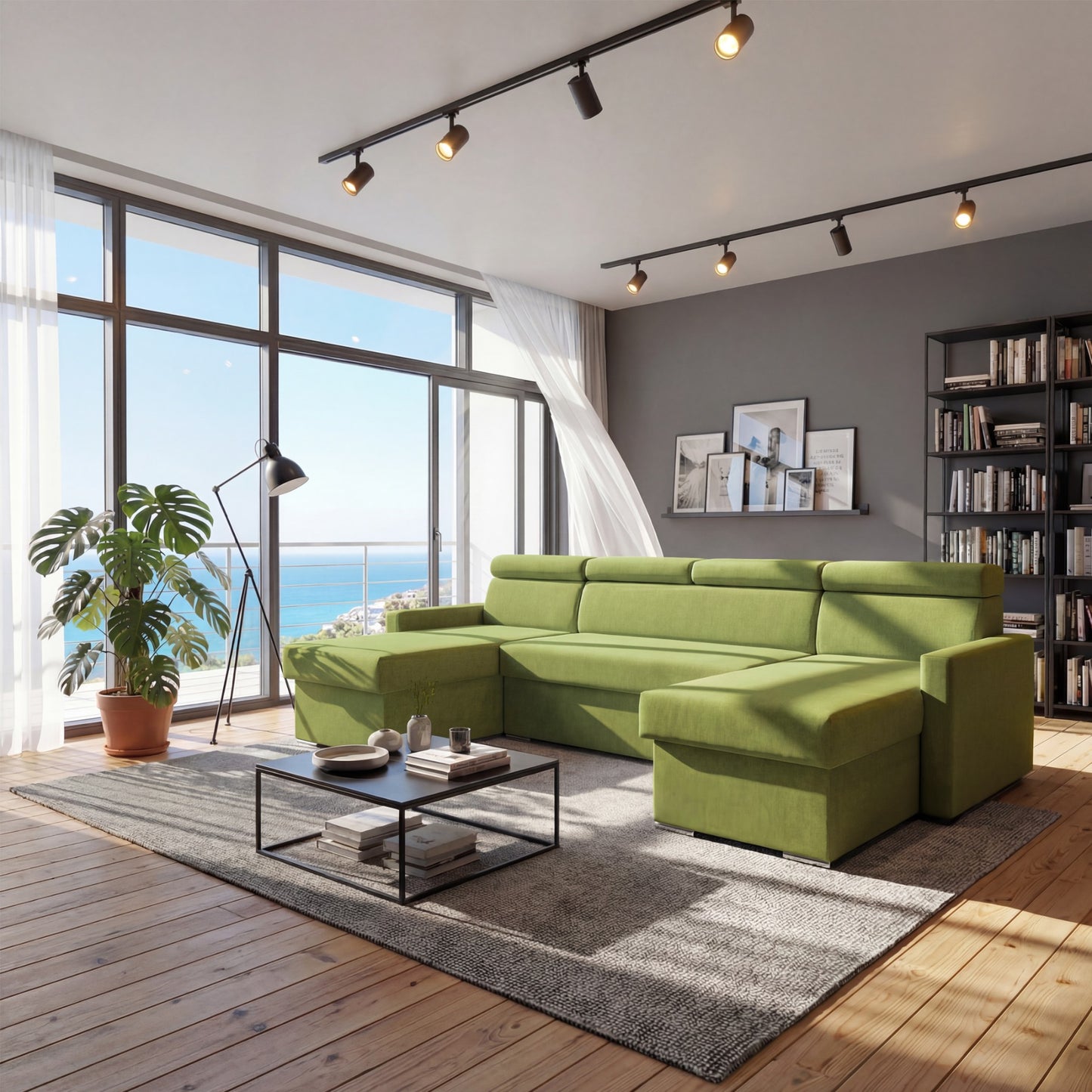 Vega U Ecksofa nach Maß | Breite anpassbar | Schlaffunktion 2 Bettkästen U-Form verstellbare Kopfstützen Samtstoff Best 305x151 cm (Grün)