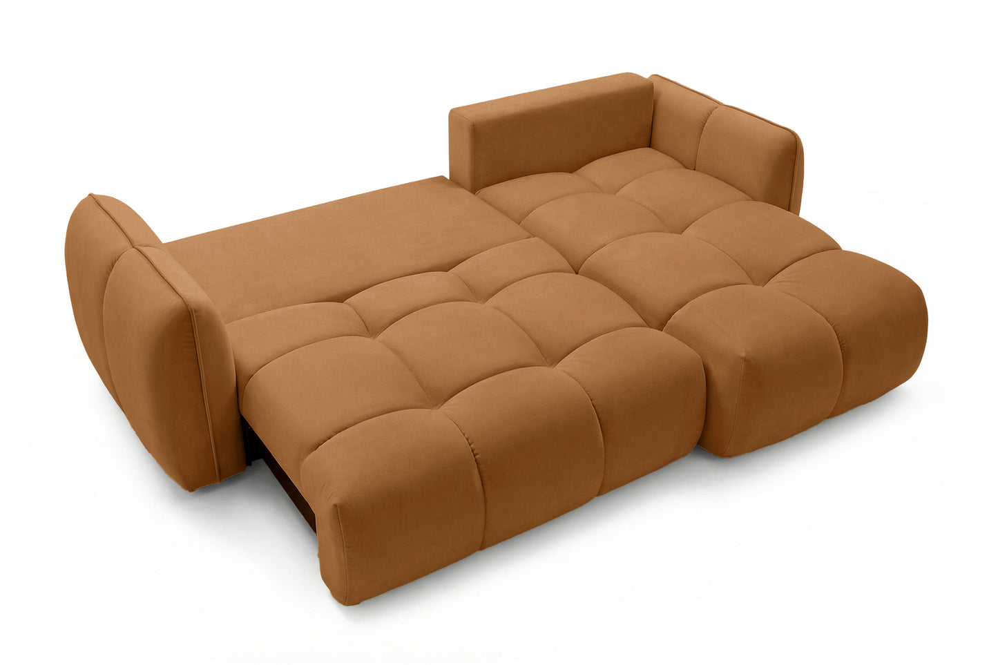 Ecksofa BELVEO mit Schlaffunktion und Bettkasten L-Form Ausrichtung rechts Stoff Bluvel 4215 Rostbraun